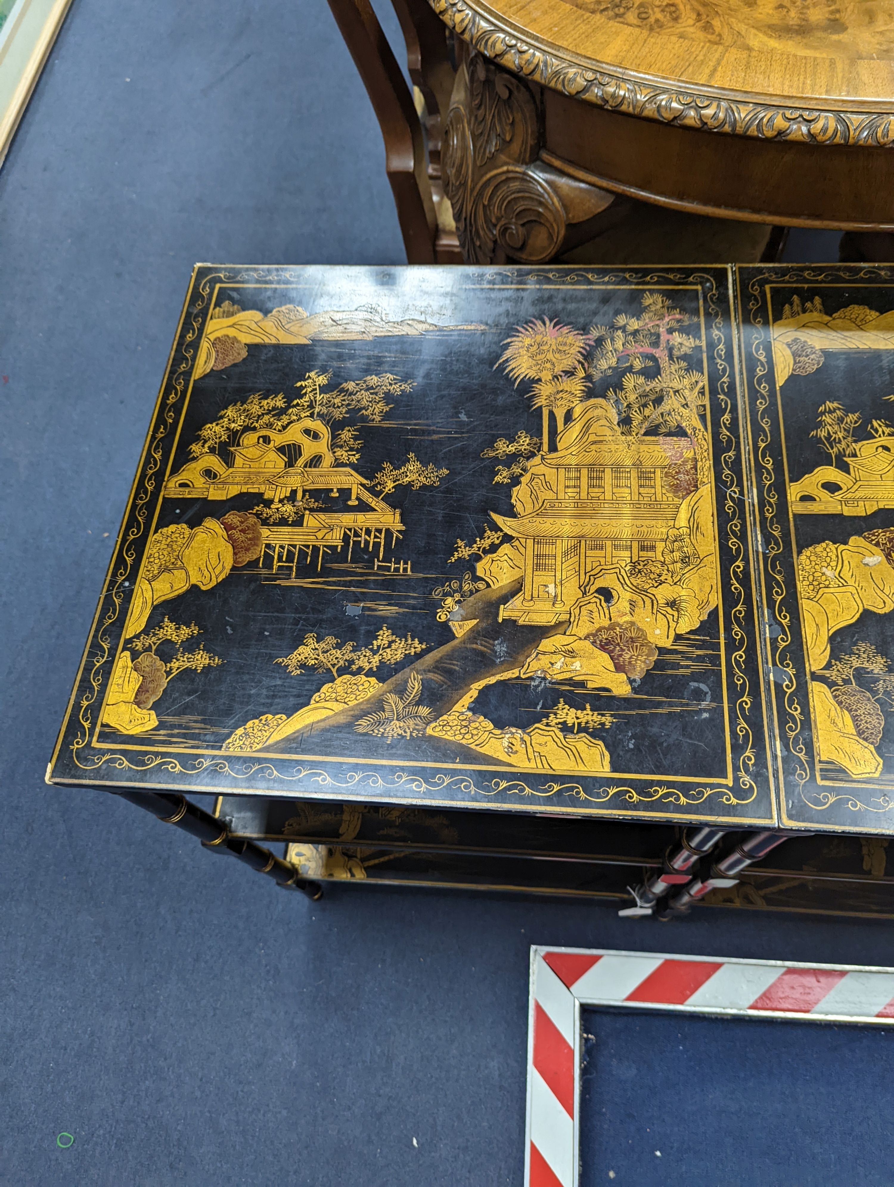 A pair of Regency style chinoiserie lacquer square three tier occasional tables, width 45cm, height 66cm